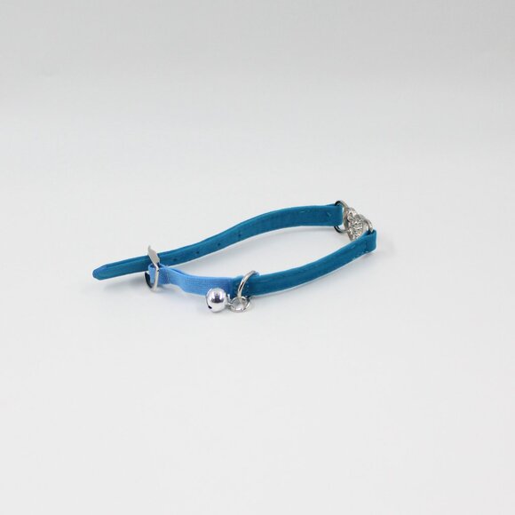 Blue Suede and Rhinestone Adjustable Dog Collar with a Bell - Picture 2 of 3